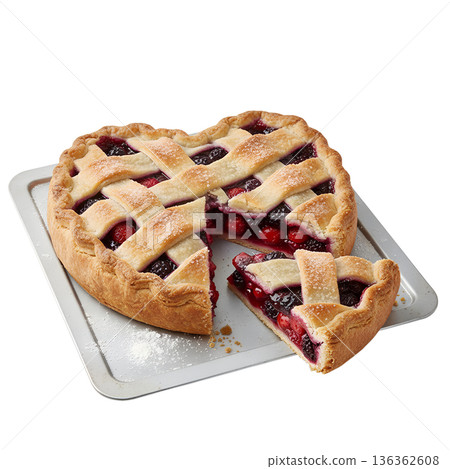 Homemade heart-shaped berry pie with a golden lattice crust and a slice removed, perfect for valentine's day, thanksgiving, or family baking blogs Homemade heart-shaped berry pie with a golden lattice crust and a slice removed, perfect for valentine's day, thanksgiving, or family baking blogs 136362608