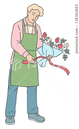 Vector illustration of a male florist tying a ribbon on a flower bouquet. Floral design process and bouquet preparation, isolated on white background. 136362663