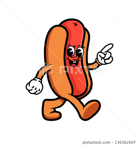 Funny cartoon hot dog character walking with a smile, pointing up. Retro vintage mascot style, bold lines, colorful vector illustration. Perfect for fast food ads and kids designs. Funny cartoon hot dog character walking with a smile, pointing up. Retro vintage mascot style, bold lines, colorful vector illustration. Perfect for fast food ads and kids designs. 136362697