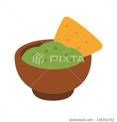 Guacamole bowl with tortilla chip. Flat cartoon vector of traditional Mexican dip for food and menu illustrations Guacamole bowl with tortilla chip. Flat cartoon vector of traditional Mexican dip for food and menu illustrations 136362702