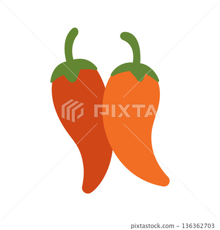 Spicy chili peppers in red and orange. Flat vector Mexican food illustration for culinary and hot spice designs Spicy chili peppers in red and orange. Flat vector Mexican food illustration for culinary and hot spice designs 136362703