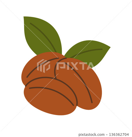 Mexican coffee beans with green leaves. Flat vector exotic food illustration for nature and culinary designs Mexican coffee beans with green leaves. Flat vector exotic food illustration for nature and culinary designs 136362704