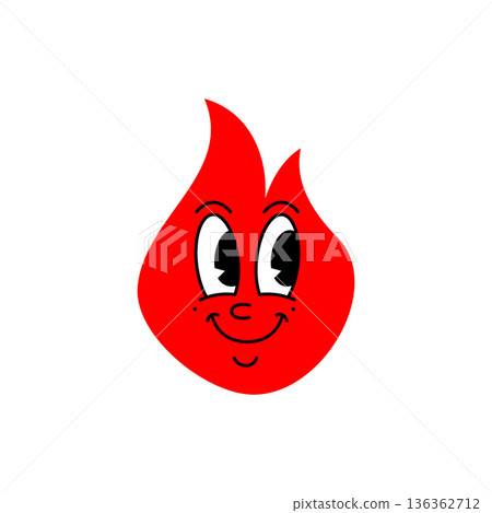 Cute red flame character with joyful smile and friendly eyes. Cartoon fire mascot illustration Cute red flame character with joyful smile and friendly eyes. Cartoon fire mascot illustration 136362712