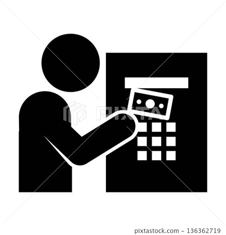 ATM withdraw cash icon pictogram illustration showing customer receiving money from bank machine. ATM withdraw cash icon pictogram illustration showing customer receiving money from bank machine. 136362719