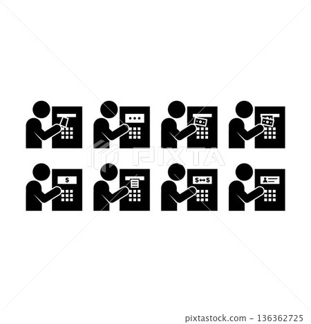 ATM banking transaction icon set pictogram illustration showing customer bank actions ATM banking transaction icon set pictogram illustration showing customer bank actions 136362725