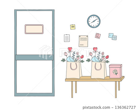Florist shop interior scene with wall clock and notes, table with paper bags holding flower bouquets and a gift box. Flower delivery and packaging concept. Vector illustration on white background. Florist shop interior scene with wall clock and notes, table with paper bags holding flower bouquets and a gift box. Flower delivery and packaging concept. Vector illustration on white background. 136362727