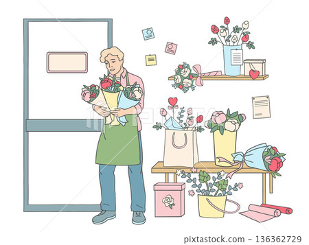 Vector illustration of a florist holding several flower bouquets near the flower shop entrance. Floral design work and bouquet delivery concept on white background. Vector illustration of a florist holding several flower bouquets near the flower shop entrance. Floral design work and bouquet delivery concept on white background. 136362729