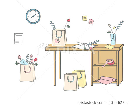 Vector illustration of a florist workspace with table, paper bags holding bouquets, notes and wall clock. Flower shop interior and order preparation concept. 136362733