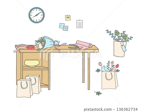 Vector illustration of a florist workbench with bouquet, scissors, wrapping paper, ribbons and shopping bags. Flower arrangement process in a flower shop interior. Vector illustration of a florist workbench with bouquet, scissors, wrapping paper, ribbons and shopping bags. Flower arrangement process in a flower shop interior. 136362734