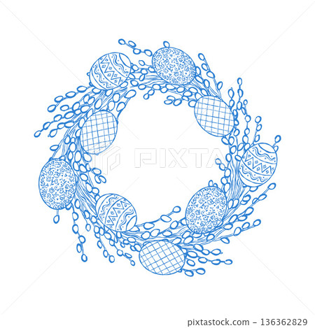 Easter wreath. Round Easter composition with eggs, pussy willow, and dried branches. Easter frame. Vector outline illustration in blue. Easter wreath. Round Easter composition with eggs, pussy willow, and dried branches. Easter frame. Vector outline illustration in blue. 136362829