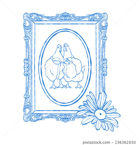 Decorative vintage frame with chickens in a line art style. Retro frame, a pair of chickens with a bow. Vector outline illustration. Easter clipart in blue. Decorative vintage frame with chickens in a line art style. Retro frame, a pair of chickens with a bow. Vector outline illustration. Easter clipart in blue. 136362830
