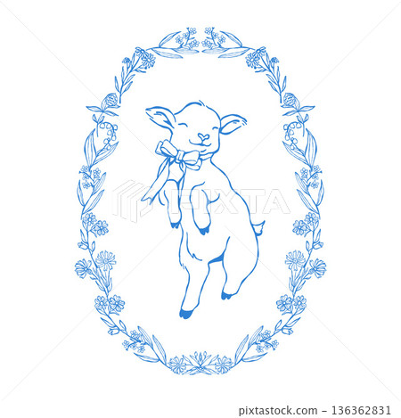A cute jumping goat with a bow in a floral oval frame. Farm animal, vector outline Easter illustration. Spring line art in blue A cute jumping goat with a bow in a floral oval frame. Farm animal, vector outline Easter illustration. Spring line art in blue 136362831