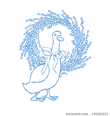 A goose with a flirty bow and pussy willow wreath in outline style. Easter illustration. Funny farm animal. Whimsical decorative blue clip art. Vector line art illustration A goose with a flirty bow and pussy willow wreath in outline style. Easter illustration. Funny farm animal. Whimsical decorative blue clip art. Vector line art illustration 136362832