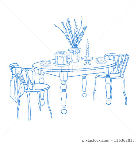 Hand-drawn illustration of a whimsical dining table with chairs, pussy willow, Easter cake, and candles. Easter dinner. Festive spring table setting. Monochrome vector line illustration in blue. Hand-drawn illustration of a whimsical dining table with chairs, pussy willow, Easter cake, and candles. Easter dinner. Festive spring table setting. Monochrome vector line illustration in blue. 136362833