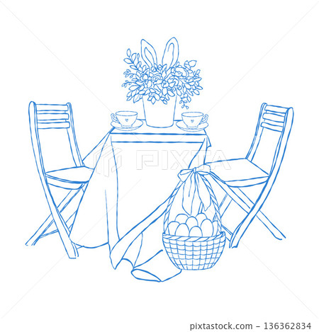 Hand-drawn illustration of a whimsical dining table with chairs, flowers, Easter cake, and a basket of eggs. Easter dinner. Festive spring table setting. Monochrome vector line art illustration in 136362834
