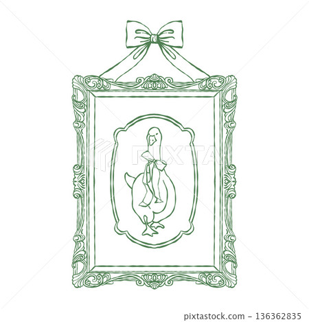 Decorative vintage frame with a goose in a line art style. Retro frame, goose with a bow. Vector outline illustration in green. Easter illustration. Decorative vintage frame with a goose in a line art style. Retro frame, goose with a bow. Vector outline illustration in green. Easter illustration. 136362835