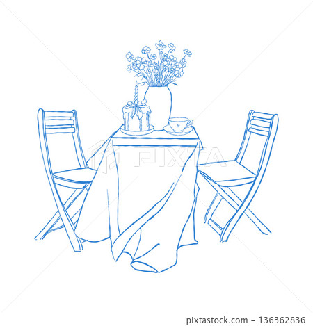 Hand-drawn illustration of a whimsical dining table with chairs, a vase of flowers, Easter cake, and teacups. Easter dinner. Festive spring table setting. Monochrome vector line illustration in blue. 136362836