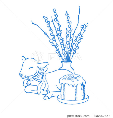 A cute lying goat with a bow, pussy willow, and Easter cake. Easter spring illustration. Vector composition. Blue outline drawing. A cute lying goat with a bow, pussy willow, and Easter cake. Easter spring illustration. Vector composition. Blue outline drawing. 136362838
