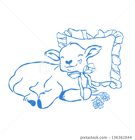A cute lying goat with a bow, pillow, and flowers. Farm animal, vector outline Easter illustration. Composition for Easter and spring. Line clip art in blue. A cute lying goat with a bow, pillow, and flowers. Farm animal, vector outline Easter illustration. Composition for Easter and spring. Line clip art in blue. 136362844