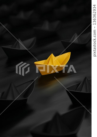 Yellow boat leads, Vibrant yellow paper boat takes charge amid somber vessels in minimal scene 136362934