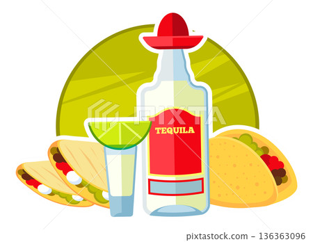 Tequila with mexican food logo. Cartoon cuisine badge Tequila with mexican food logo. Cartoon cuisine badge 136363096
