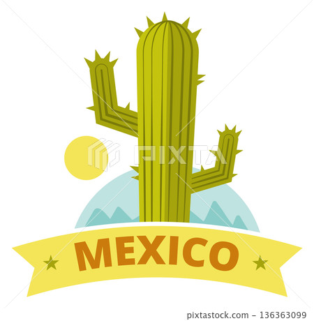 Mexico emblem with cactus. Cartoon design with green desert plant Mexico emblem with cactus. Cartoon design with green desert plant 136363099