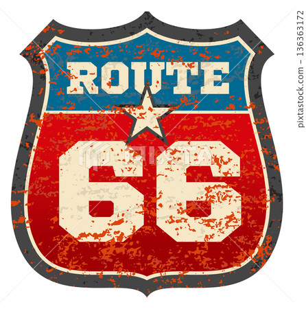Distressed metal route badge. Road 66 grunge sign 136363172