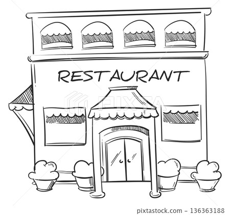 Restaurant building sketch. Urban street architecture doodle Restaurant building sketch. Urban street architecture doodle 136363188