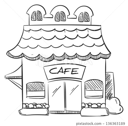 Cafe doodle. Cute building sketch. Urban icon Cafe doodle. Cute building sketch. Urban icon 136363189