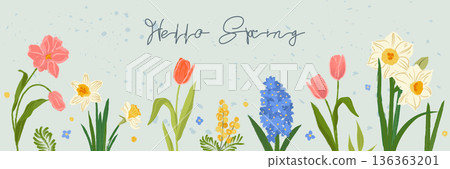 Whimsical spring banner with hand drawn flowers in pastel colors. Cute botanical illustration with tulips, daffodils and hyacinths. Perfect for seasonal design, greeting card, web banner, invitation. Whimsical spring banner with hand drawn flowers in pastel colors. Cute botanical illustration with tulips, daffodils and hyacinths. Perfect for seasonal design, greeting card, web banner, invitation. 136363201
