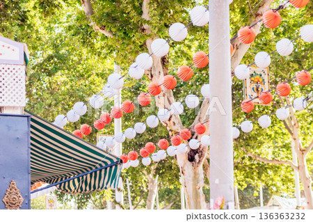 Paper lanterns, farolillos, at the April Fair in Seville, Spain. 136363232