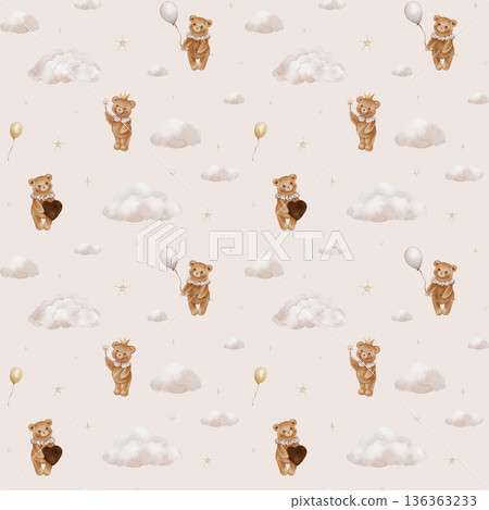 Seamless pattern with Watercolor Cute Teddy Bear Holding heart. Repeat ornament with Valentine Brown bear toy with Jabot collar in Crown Holding magic wand. clouds in the sky. Illustration hand drawn Seamless pattern with Watercolor Cute Teddy Bear Holding heart. Repeat ornament with Valentine Brown bear toy with Jabot collar in Crown Holding magic wand. clouds in the sky. Illustration hand drawn 136363233