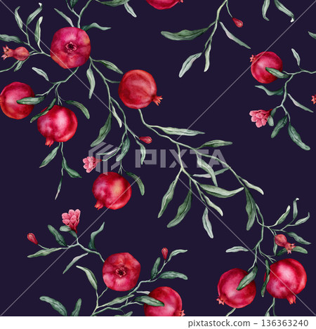Seamless pattern with watercolor illustration of Pomegranate with pink flowers. Hand painted print with tropical fruit branch with green leaves on isolated. For wrapping paper or textile design. Seamless pattern with watercolor illustration of Pomegranate with pink flowers. Hand painted print with tropical fruit branch with green leaves on isolated. For wrapping paper or textile design. 136363240