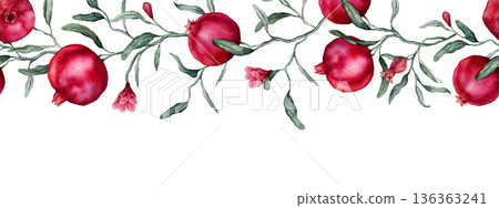 Seamless horizontal border or banner tropical Pomegranate and pink flower. Hand drawn watercolor illustration on white isolated background. Fruits with green leaves pattern for frame or banner. Seamless horizontal border or banner tropical Pomegranate and pink flower. Hand drawn watercolor illustration on white isolated background. Fruits with green leaves pattern for frame or banner. 136363241