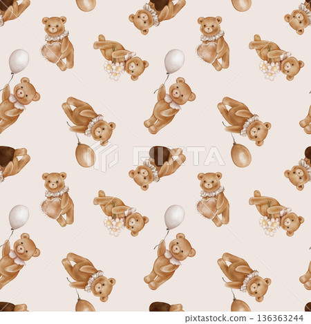 Seamless pattern with Watercolor Cute Teddy Bear Holding balloon and heart. Repeat ornament with Valentine Brown bear toy with vintage Jabot collar and daisy. Illustration hand drawn on isolated. 136363244