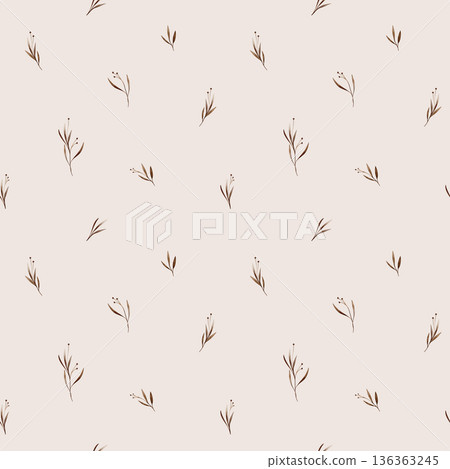 Watercolor seamless pattern with brown flowers spots with leaves. Hand drawn illustration repeat ornament with plants on isolated white background. Dark branches with round buds iridescent watercolors 136363245