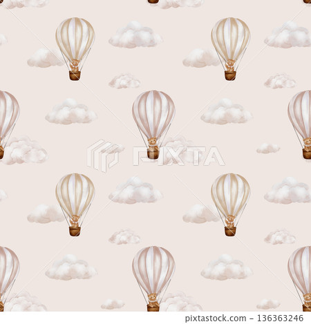 Seamless pattern with hot Air Balloons with Teddy Bear and Clouds in the sky. Watercolor repeat ornament background for Kids. Cute Print for childish textile design or wallpaper in pastel beige color 136363246