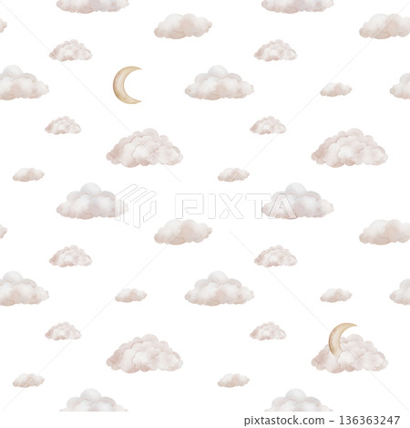 Seamless watercolor pattern with pastel beige clouds and moon in the sky. Repeat ornament with illustration of background for nursery wallpaper, baby decor, textiles, or children paper. Seamless watercolor pattern with pastel beige clouds and moon in the sky. Repeat ornament with illustration of background for nursery wallpaper, baby decor, textiles, or children paper. 136363247