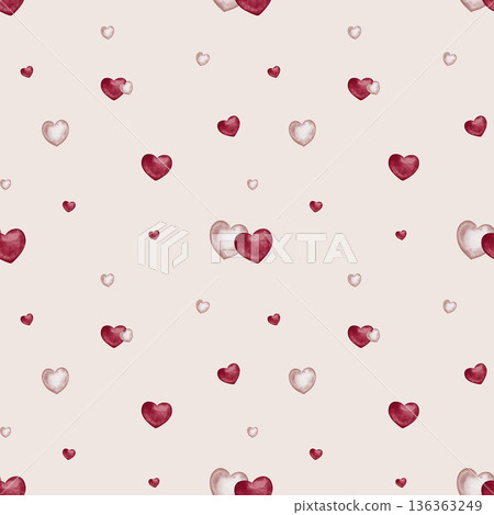 Watercolor bright and light Pink Hearts Seamless Pattern on isolated background. Love symbol hand drawn. Repeat ornament for Valentine's Day festive decor. Design for kids goods, children's room. Watercolor bright and light Pink Hearts Seamless Pattern on isolated background. Love symbol hand drawn. Repeat ornament for Valentine's Day festive decor. Design for kids goods, children's room. 136363249