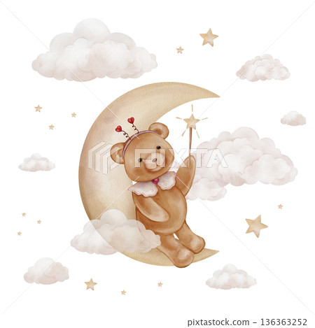 Composition with yellow moon, teddy bear in heart-shaped horns Holding magic wand with star. Hand drawn watercolor illustration for Children design with clouds. Designs for kids. Composition with yellow moon, teddy bear in heart-shaped horns Holding magic wand with star. Hand drawn watercolor illustration for Children design with clouds. Designs for kids. 136363252