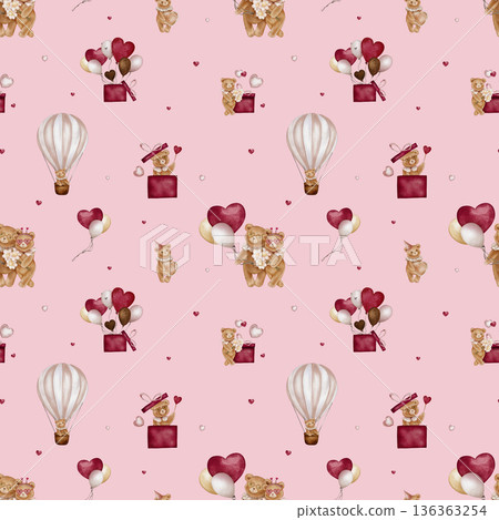 Seamless pattern with Watercolor Cute Teddy Bear Holding balloon and heart. Repeat ornament with Valentine Brown bear toy with vintage Jabot collar and gift. Illustration hand drawn on isolated. Seamless pattern with Watercolor Cute Teddy Bear Holding balloon and heart. Repeat ornament with Valentine Brown bear toy with vintage Jabot collar and gift. Illustration hand drawn on isolated. 136363254
