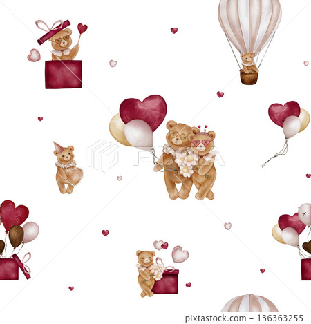 Seamless pattern with Watercolor Cute Teddy Bear Holding balloon and heart. Repeat ornament with Valentine Brown bear toy with vintage Jabot collar and gift. Illustration hand drawn on isolated. Seamless pattern with Watercolor Cute Teddy Bear Holding balloon and heart. Repeat ornament with Valentine Brown bear toy with vintage Jabot collar and gift. Illustration hand drawn on isolated. 136363255