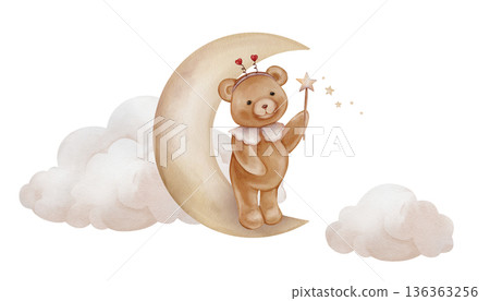 Composition with yellow moon, teddy bear in heart-shaped horns Holding magic wand with star. Hand drawn watercolor illustration for Children design with clouds. Designs for kids. Composition with yellow moon, teddy bear in heart-shaped horns Holding magic wand with star. Hand drawn watercolor illustration for Children design with clouds. Designs for kids. 136363256