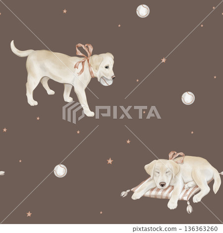 Seamless pattern with Labradors with tied to ribbon and stars. Repeat ornament with hand drawn illustration dogs and baseball ball for design and beige grey muted tones for baby design. 136363260