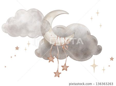 Composition with moon with clouds and stars. Yellow crescent moon. Cute baby Isolated hand drawn Watercolor illustration. Design for kid's goods, textiles, postcards, baby shower and children's room 136363263