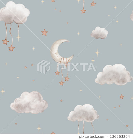 Seamless pattern with Grey Air Clouds and moon. Cute baby's repeat ornaments with stars. Isolated hand drawn Watercolor illustration on blue background. Design for kids goods, textiles 136363264