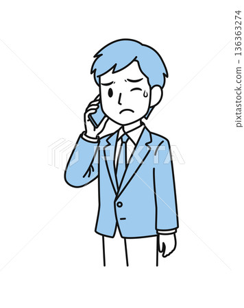 插畫素材:一位穿著西裝的商人正在用智慧型手機撥打一個令人不快的電話。 插畫素材:一位穿著西裝的商人正在用智慧型手機撥打一個令人不快的電話。 136363274