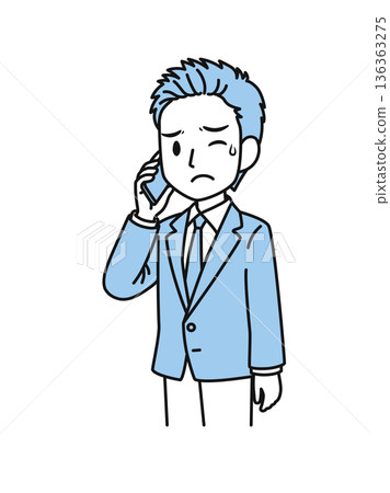 Illustration material of a businessman in a suit making an unpleasant phone call on his smartphone 136363275