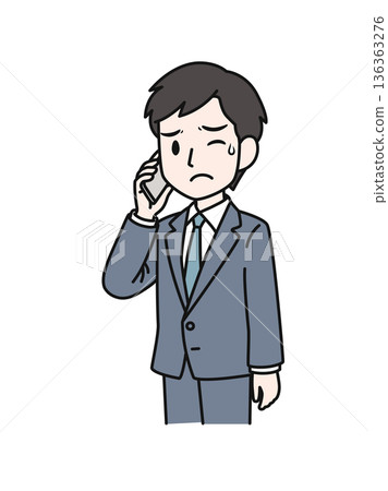 Illustration material of a businessman in a suit making an unpleasant phone call on his smartphone 136363276