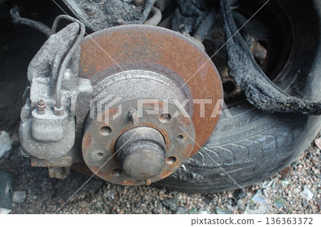 Rusty brake discs on a car close-up 136363372